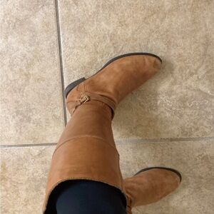 Clarks Tan Heeled Boots with Delicate Gold Buckle